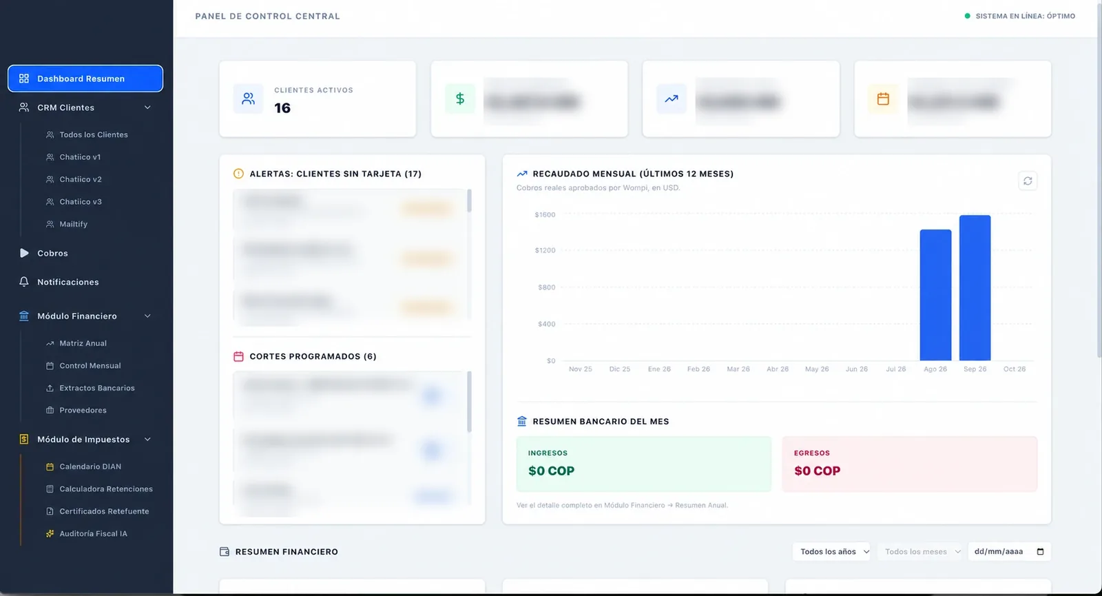 Panel de control de cobros recurrentes y módulo de impuestos